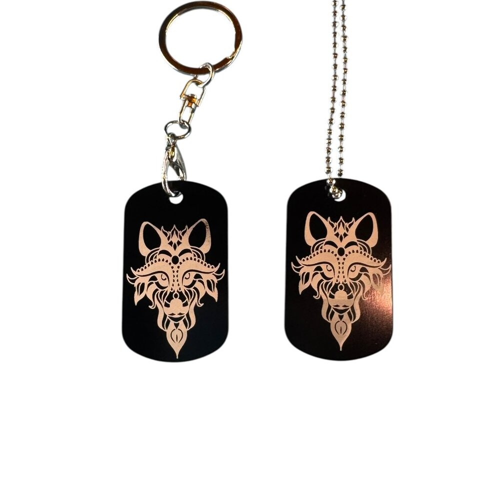 Tribal Wolf Dog Tag Necklace and Keychain Set, Black Metal with Gold Design, Bal